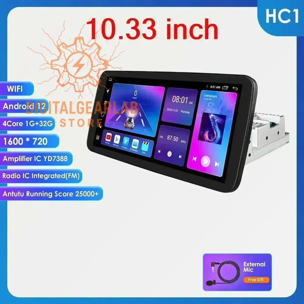 10.33-inch android 12 car multimedia system with a black frame and silver accents, featuring an external mic port for enhanced audio clarity.