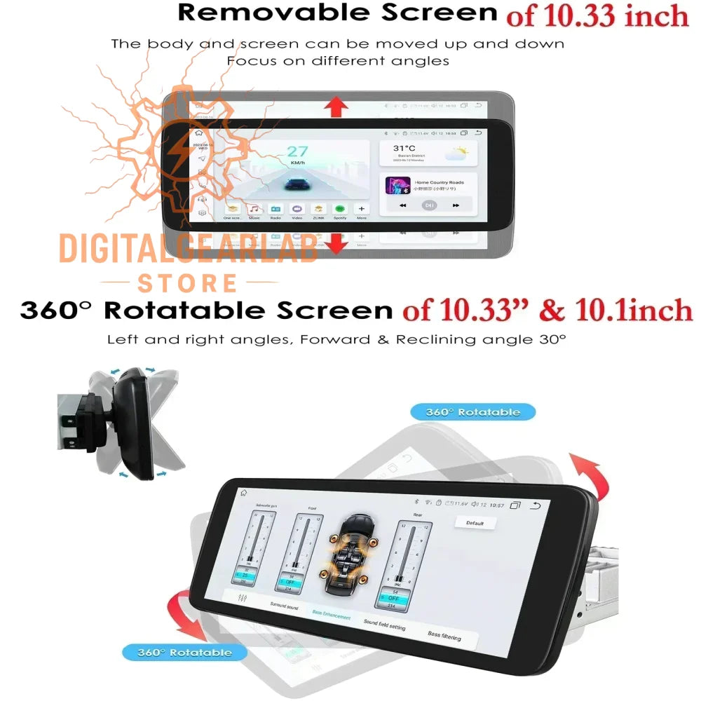 10.33-inch 360° rotatable screen car navigation system with removable display panel, white and black design, touch-sensitive interface, android os platform, gps navigation functionality, bluetooth connectivity, usb charging port, universal