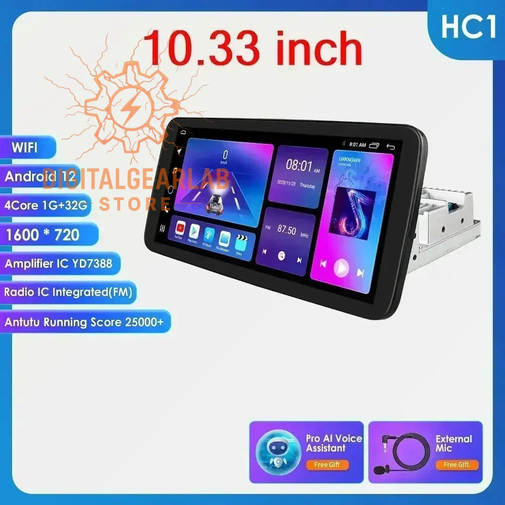 10.33-inch android 12 car multimedia system with a black frame and silver interior, featuring an external microphone for enhanced audio clarity.