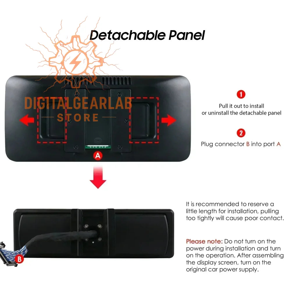 Black detachable panel with red accents and instructions for installation.