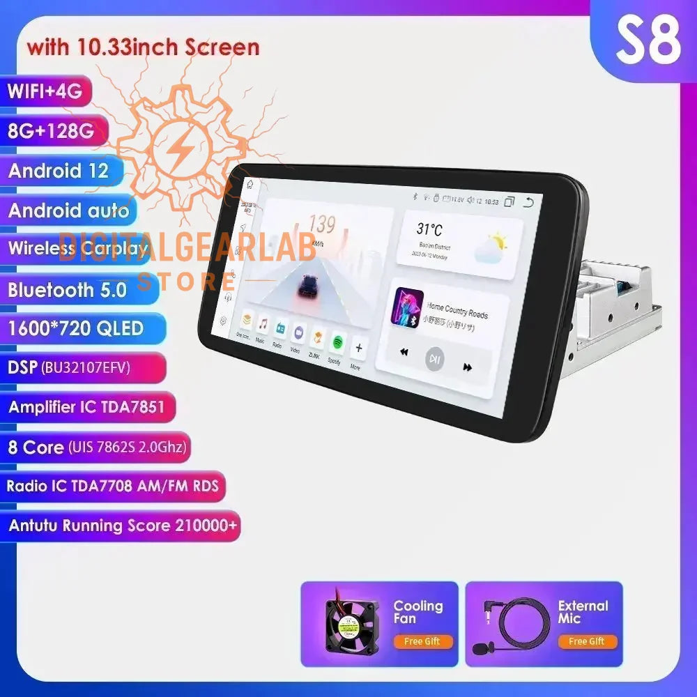 10.3-inch black touchscreen car multimedia system with android 12, wireless carplay and bluetooth 5.0 connectivity.