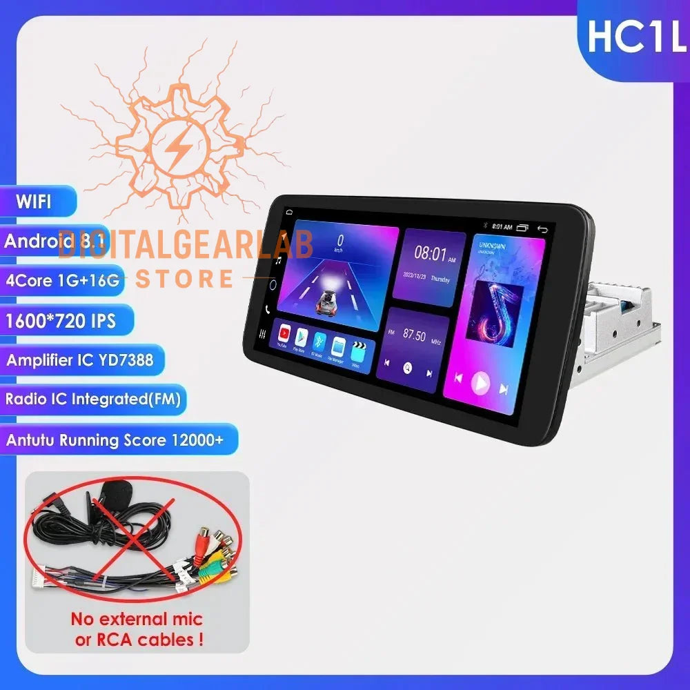 10.1-inch android 8.1 car multimedia player with a black frame and silver accents, featuring an ips display screen, quad-core processor, integrated amplifier ic yd7388 for fm radio functionality, and no external mic or