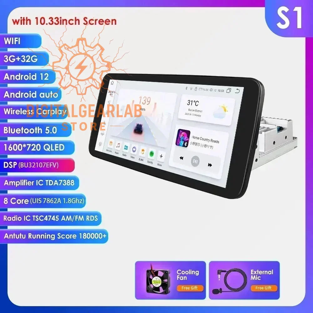 10.33-inch android 12 tablet with qled display, black frame and screen, wifi capability, bluetooth 5.0 connectivity, wireless carplay support, and an antutu running score of over 80k.