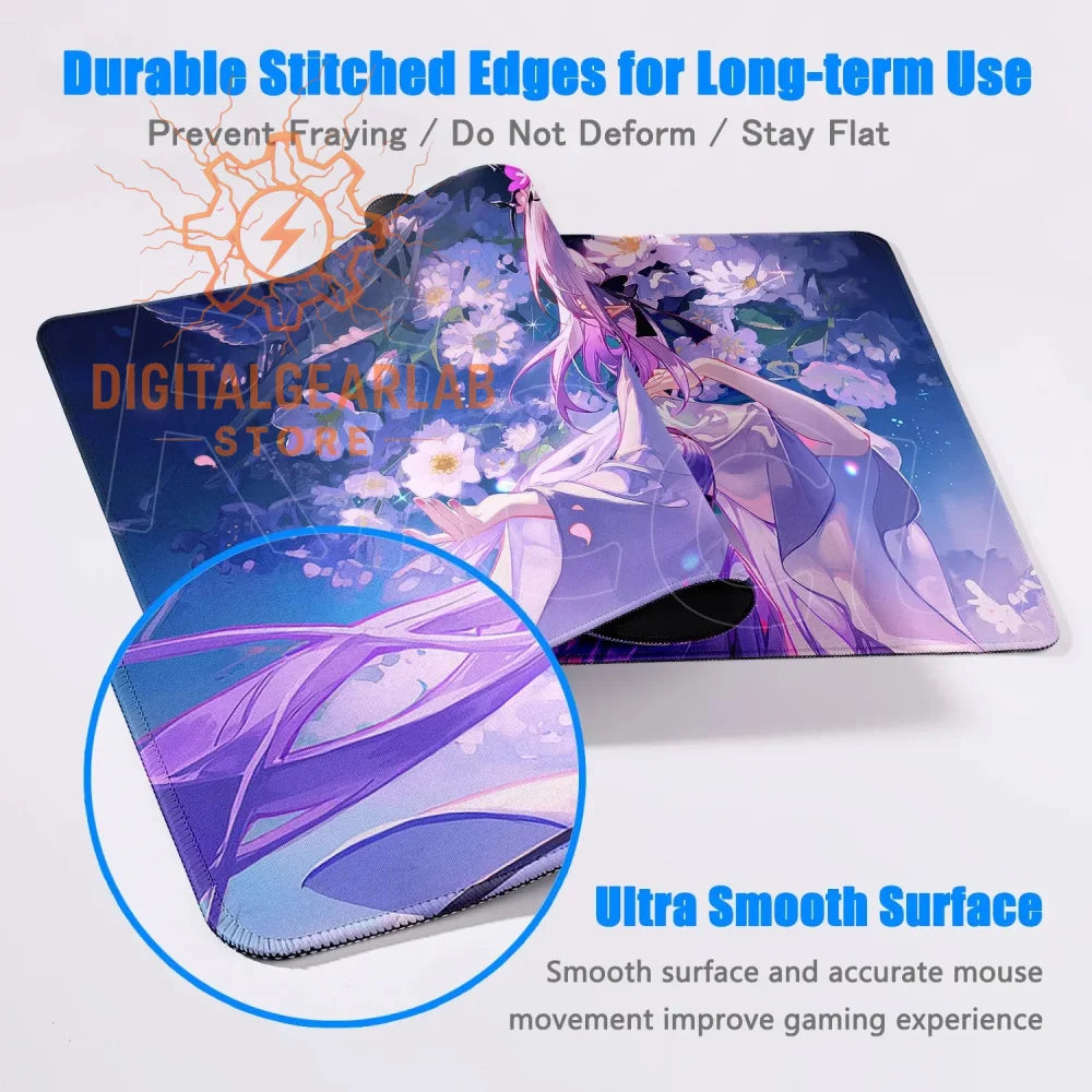 Ultra-smooth purple gaming mouse pad with durable stitched edges and an anime character design.