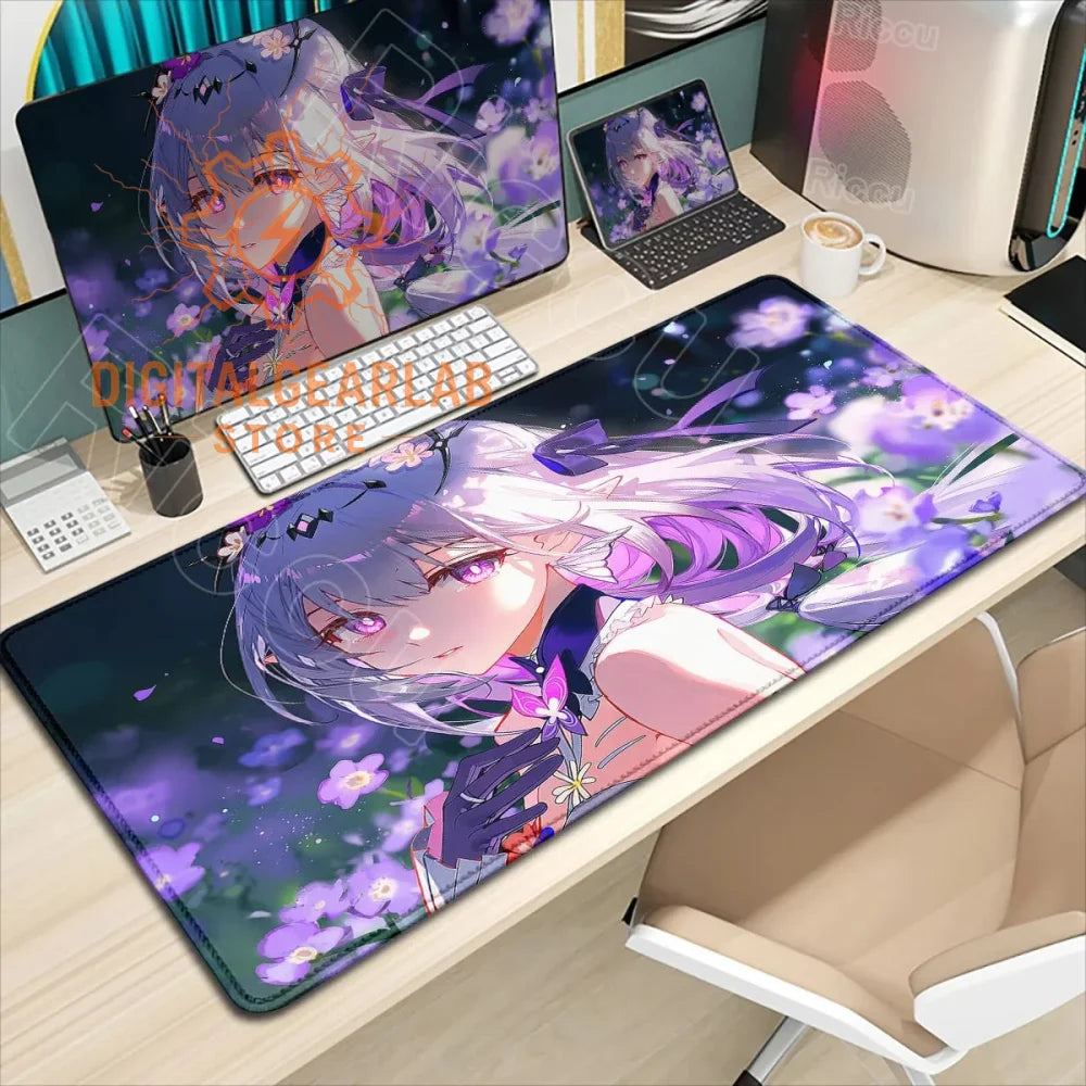 Purple anime girl mouse pad with floral design and soft fabric texture.