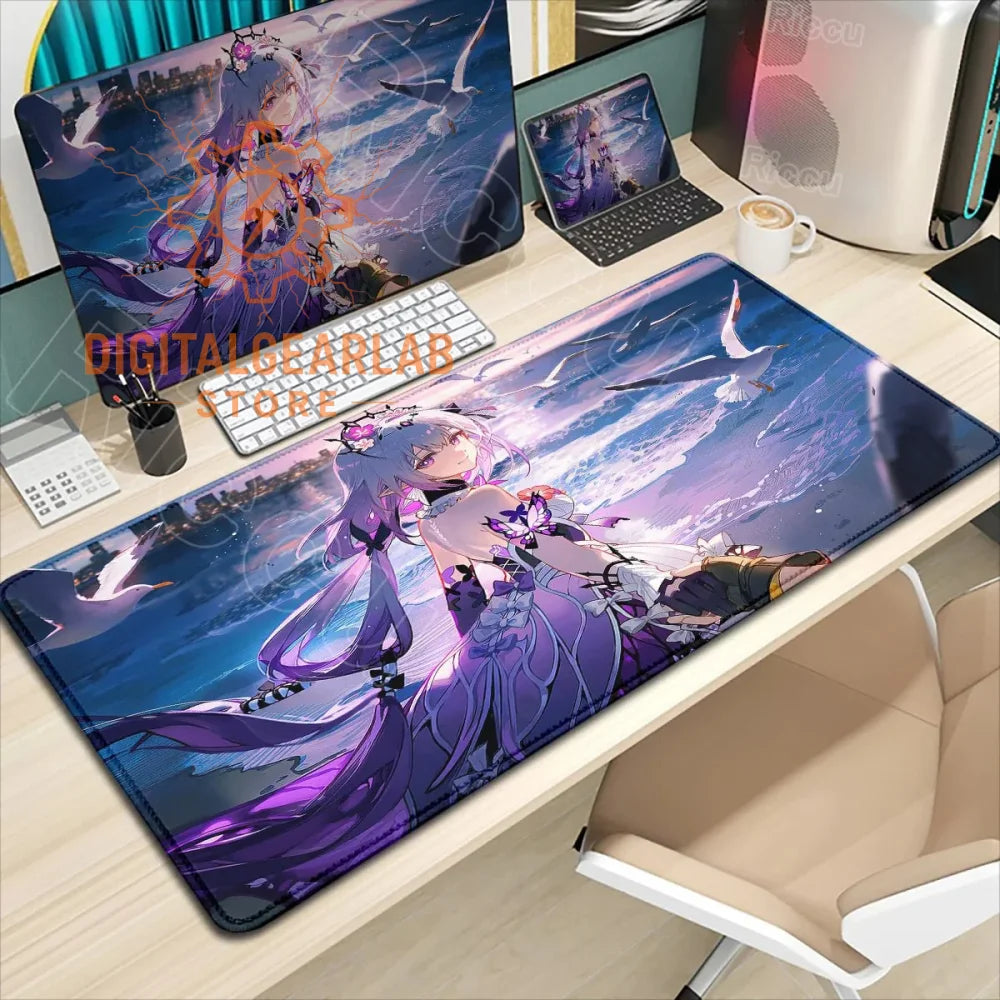 Purple and blue anime character mouse pad with a glossy finish.