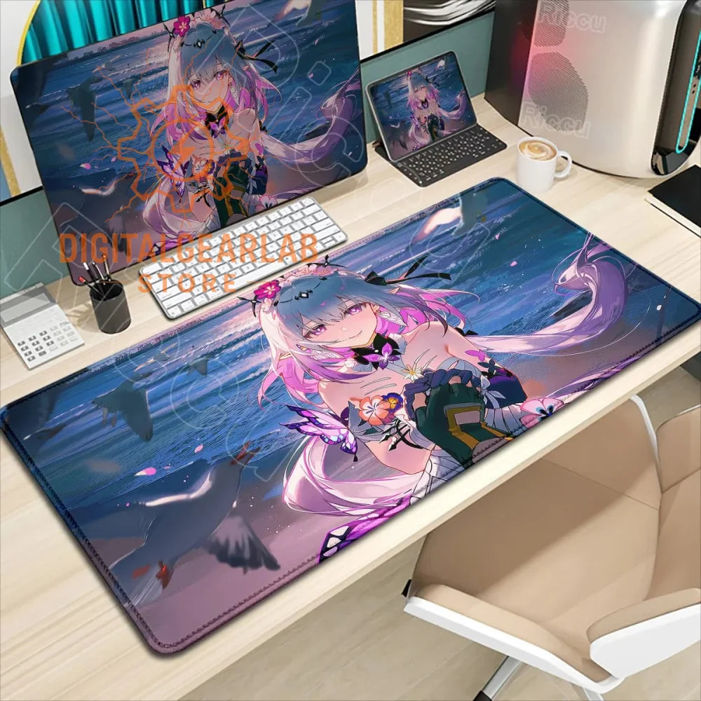 Large purple and pink anime character mousepad with a detailed design featuring flowing hair, wings, and intricate patterns.