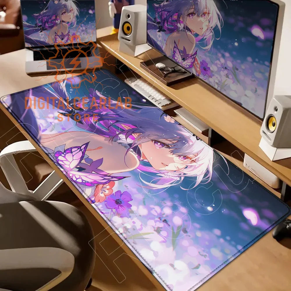 Purple and white anime character mouse pad with floral design, likely made of rubber or fabric.