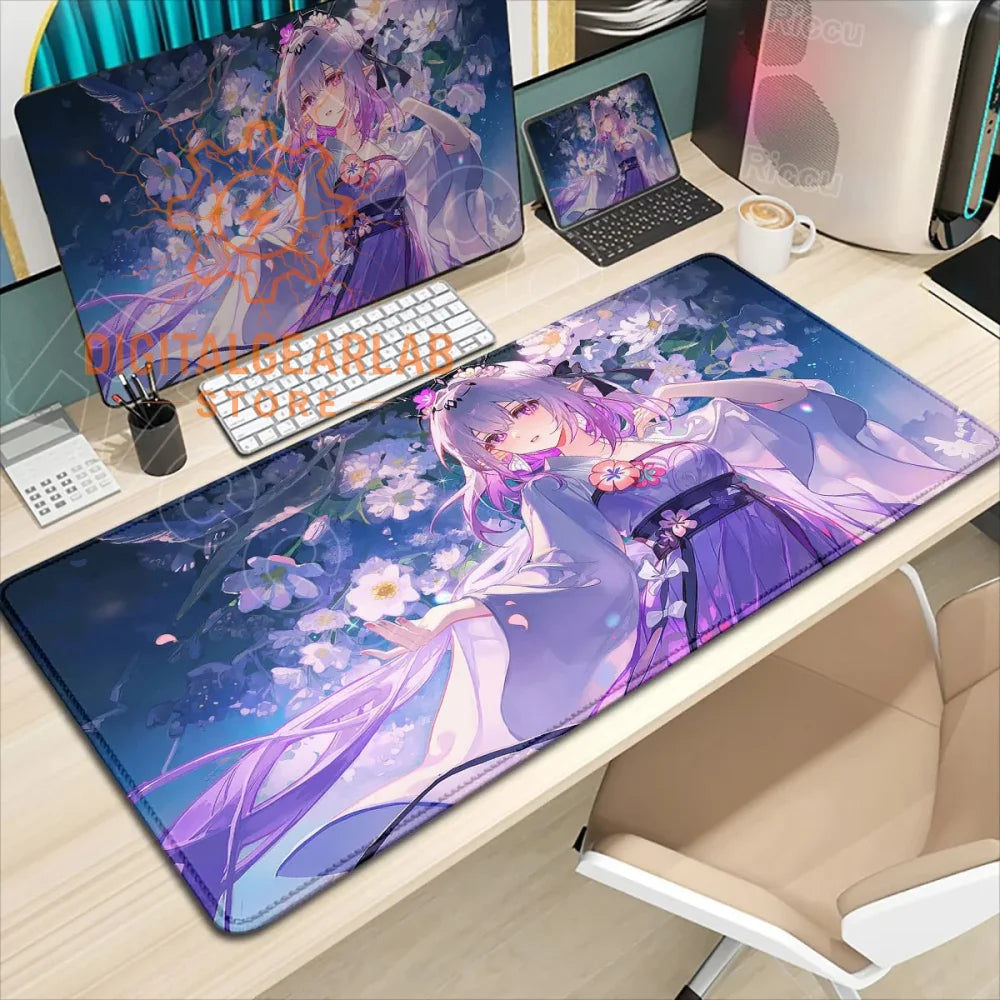 Purple and blue anime-themed desk pad with floral design, likely made of rubber or vinyl.