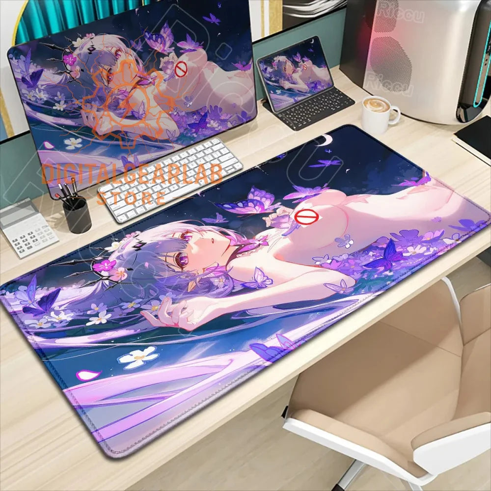 Purple anime-themed desk pad with floral and butterfly design, made of non-slip rubber material.