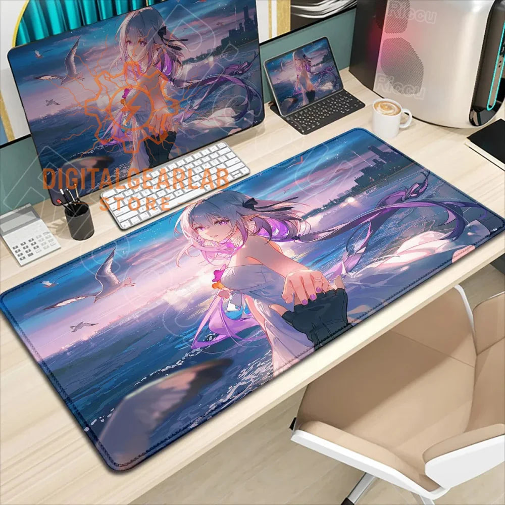 Large purple anime girl mouse pad with a cityscape design, likely made of rubber or fabric.