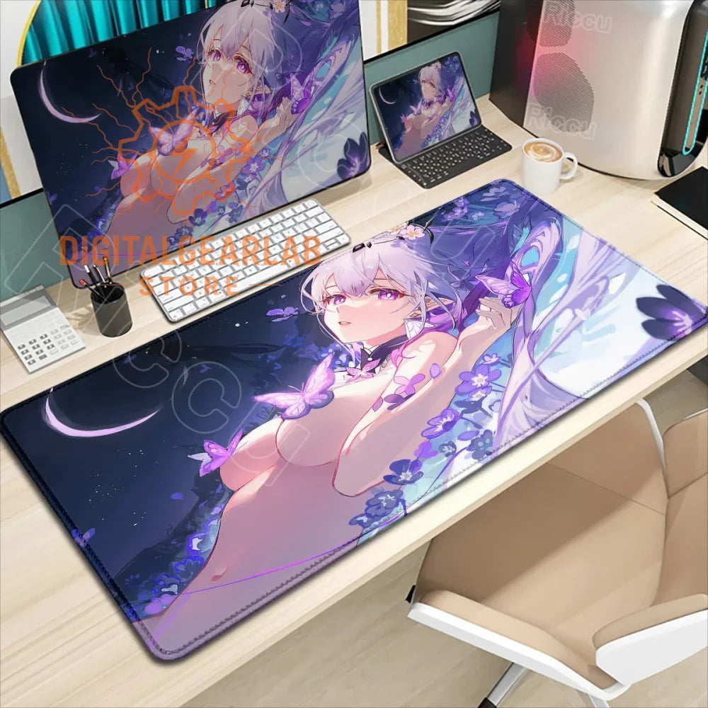 Purple anime girl mousepad with butterfly design, large size.