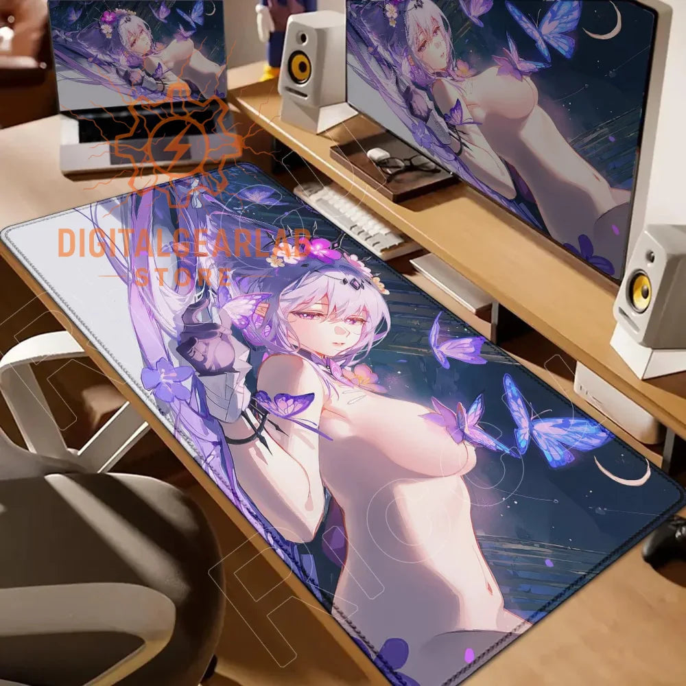 Large purple butterfly-themed mousepad with intricate design and soft fabric texture.