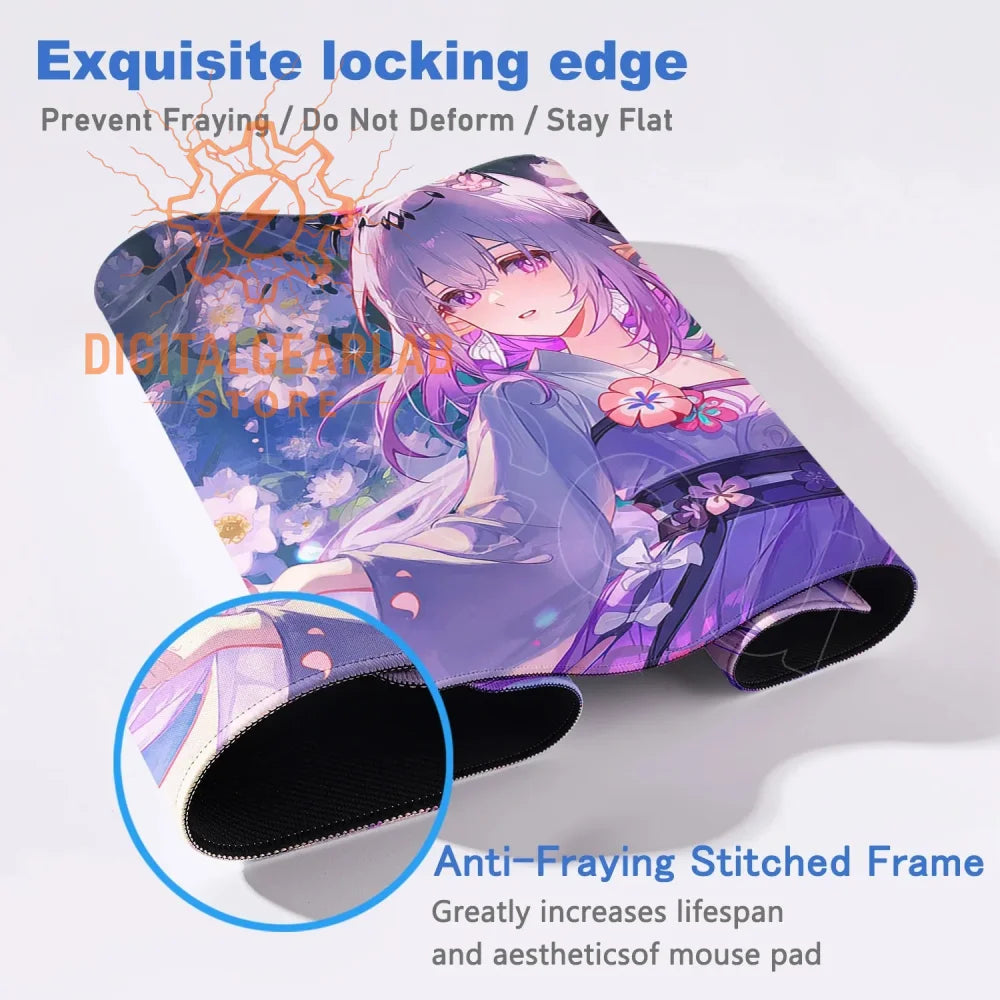 Purple anime mouse pad with anti-fraying stitched frame and locking edge design.