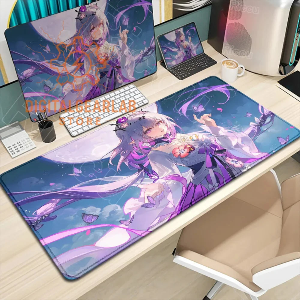 Purple and white anime character desk pad with a glossy finish.