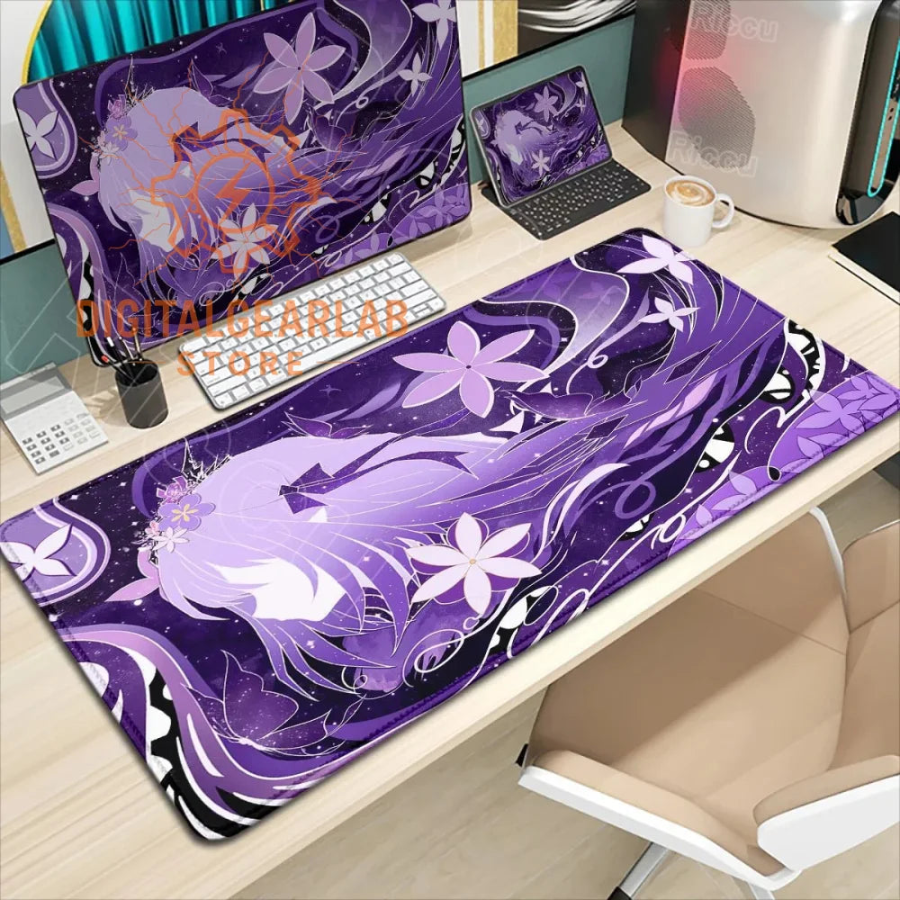 Purple floral desk mat with white accents and a glossy finish.