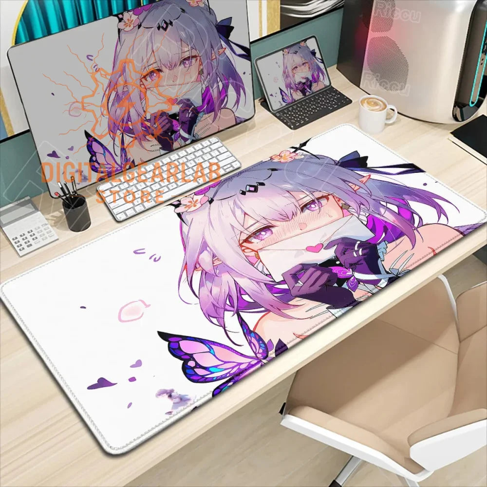 Large white mouse pad with purple and pink butterfly design, likely made of rubber or fabric.