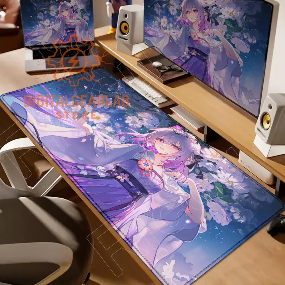 Purple and white anime character mouse pad with floral design, made of rubberized material for durability.