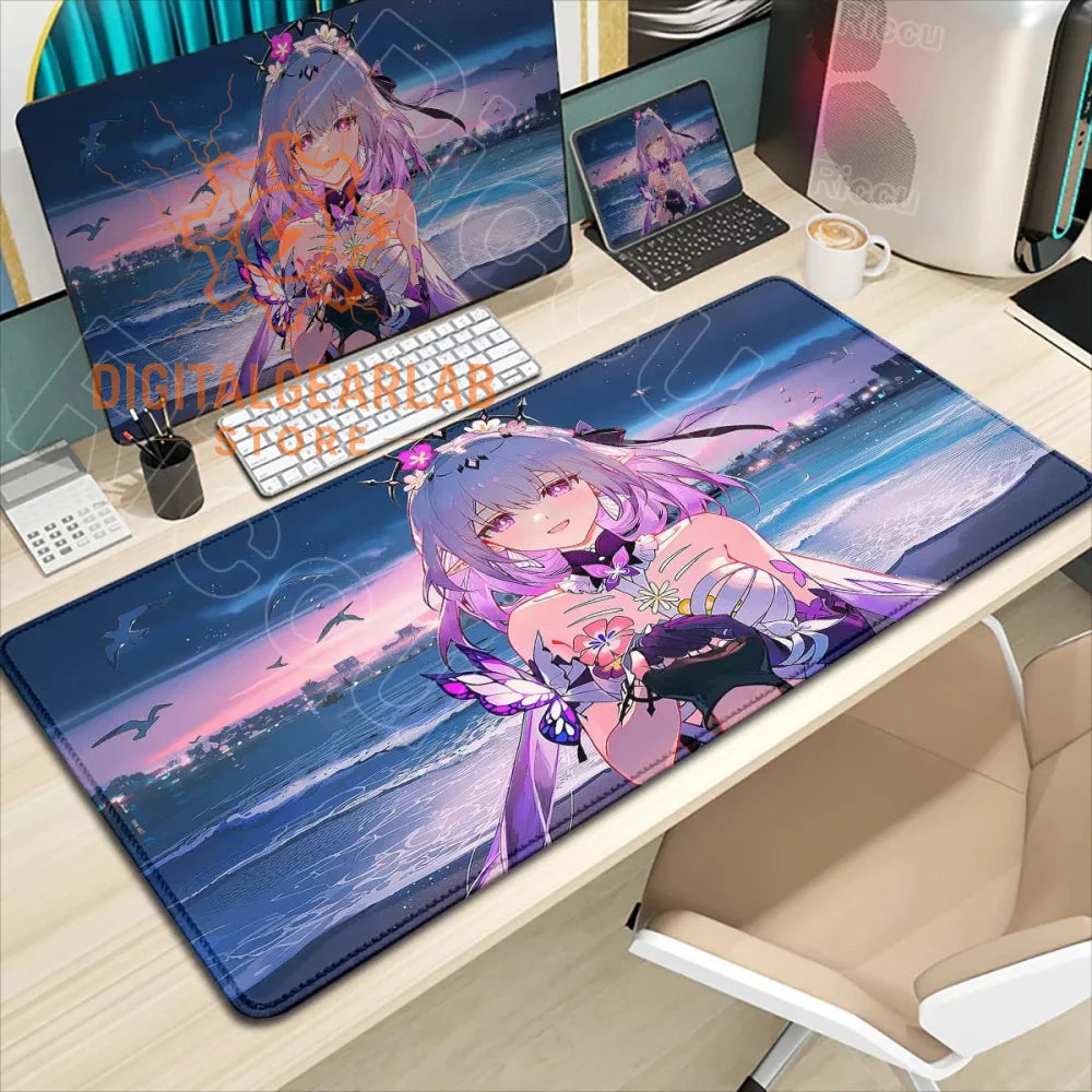 Large purple anime mouse pad with a character design, likely from an online game or series.