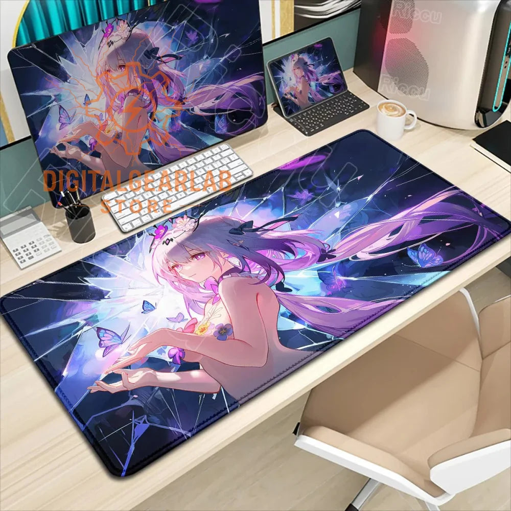 Large purple anime mouse pad with a detailed character design featuring wings and magical elements, likely made of rubber or fabric.