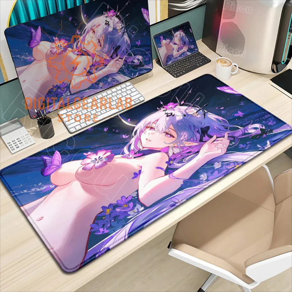 Purple anime girl mouse pad with floral design and butterfly accents, made of non-slip rubber backing.