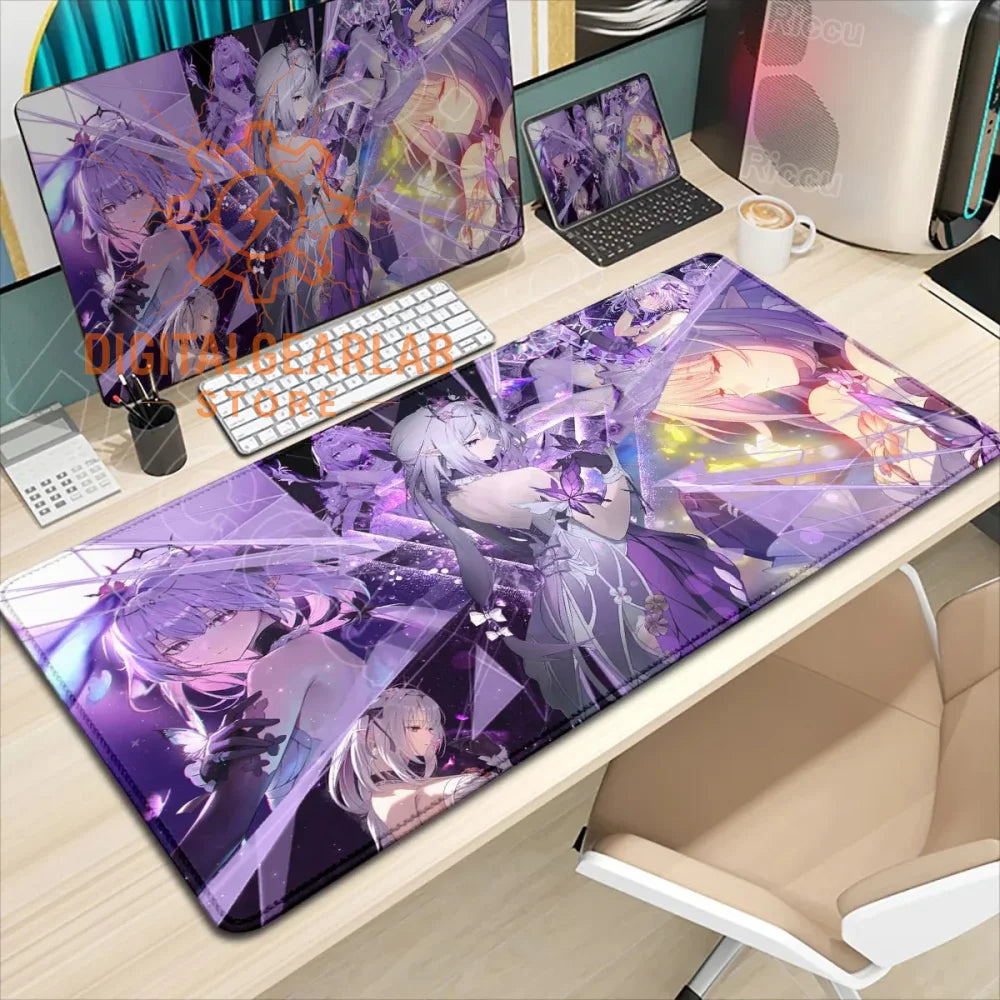 Purple and white anime-themed desk pad with a glossy finish.