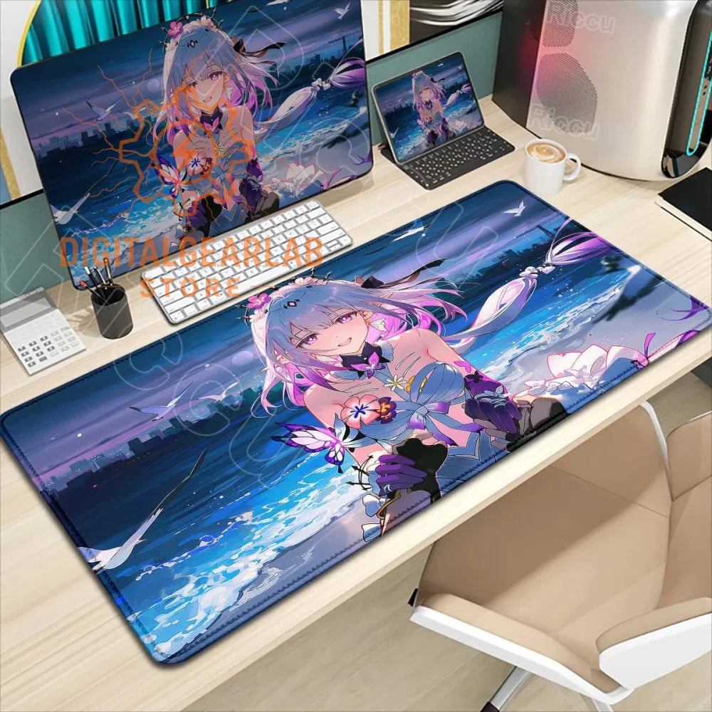 Large purple anime mousepad with white and pink accents, featuring a detailed character design.