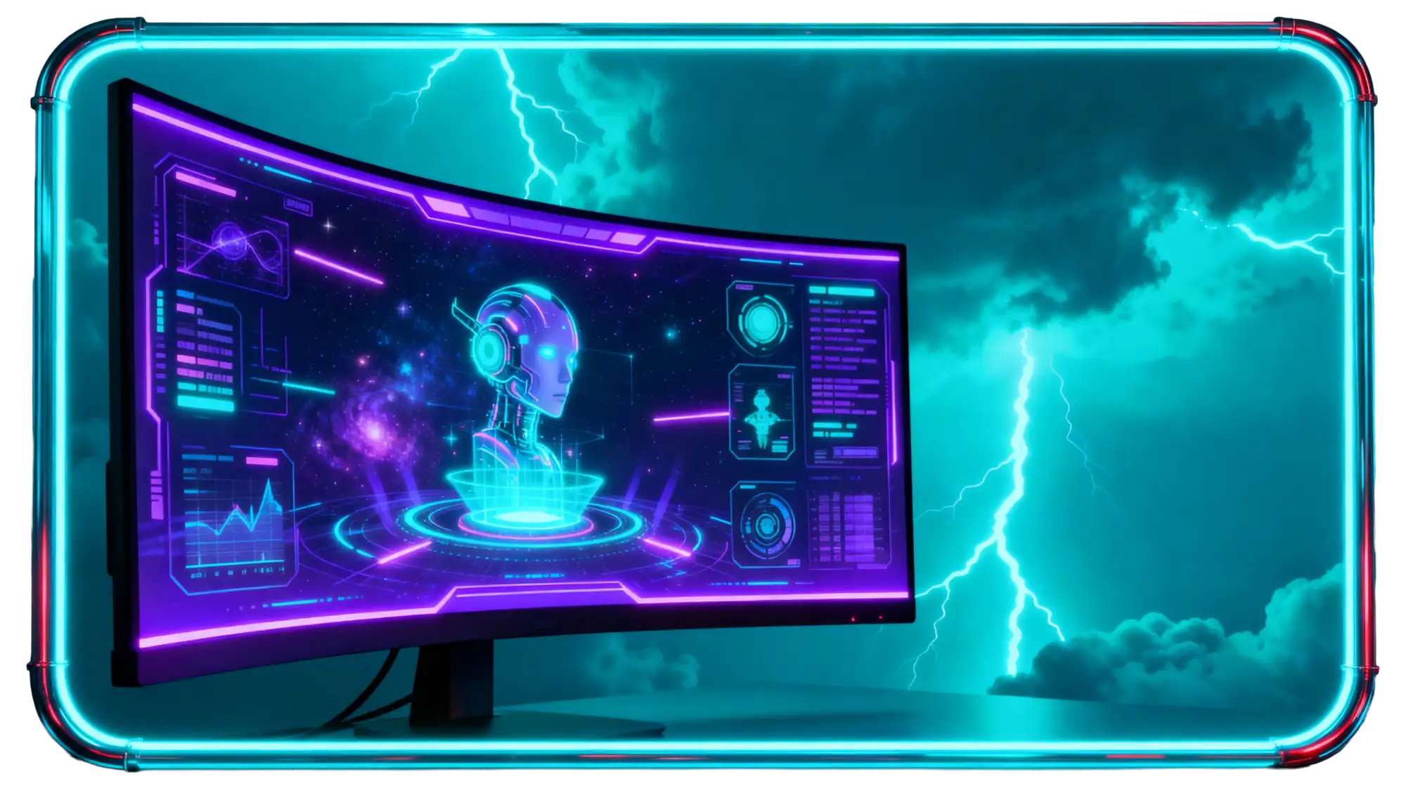 Curved gaming monitor with a sleek black frame, displaying vibrant neon purple and blue holographic interfaces against a stormy sky backdrop.