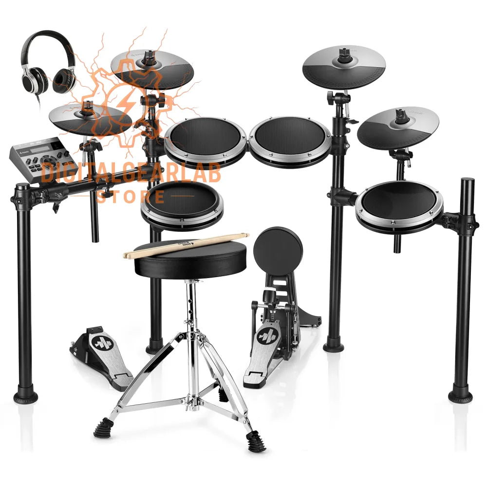 Electronic drum set with black and silver components, including mesh heads on drums and cymbals.