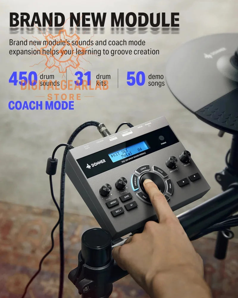 Electronic drum module with 450 sounds, 31 kits and 50 demo songs in black