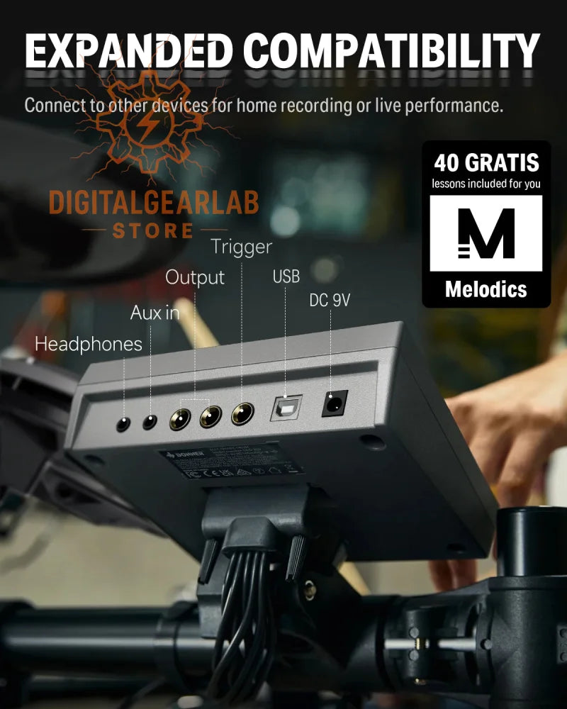 Black melodics audio interface with multiple ports and a sleek design.