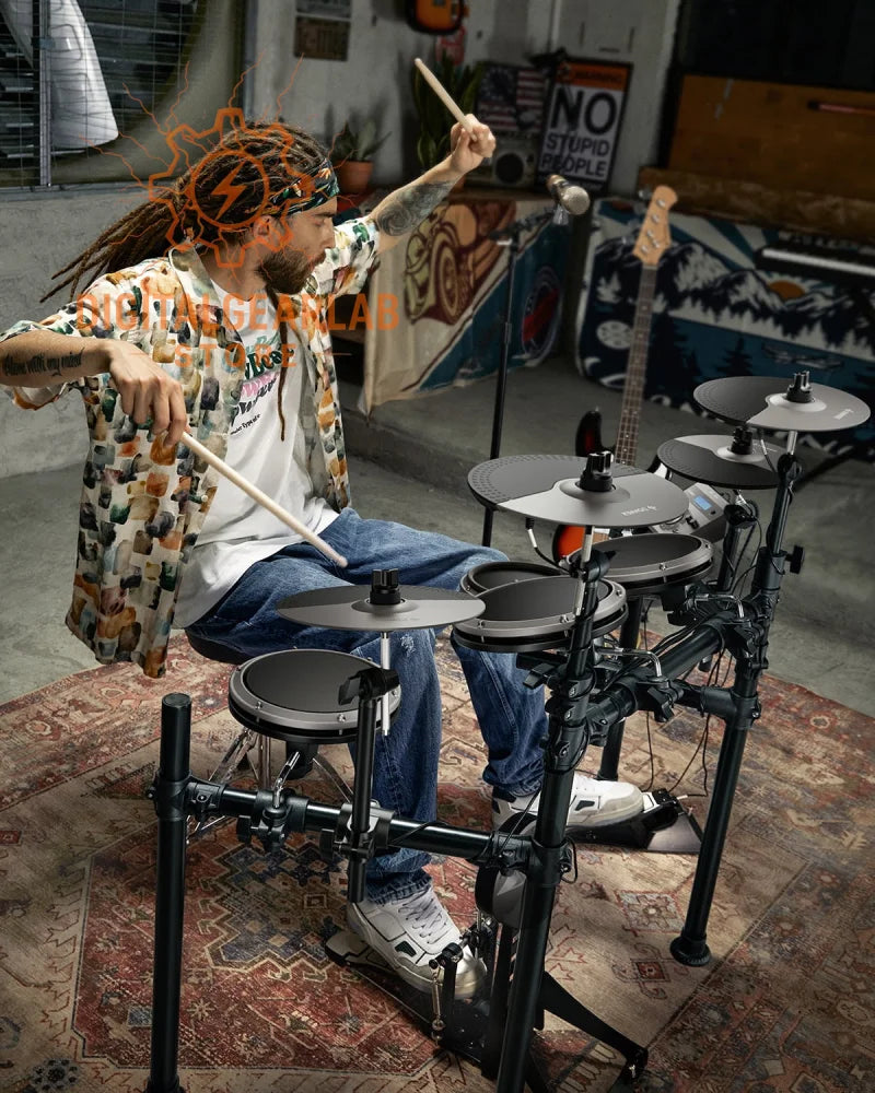 Electronic drum set with black and silver components, featuring a variety of pads and cymbals.