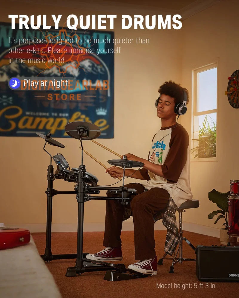 Electric drum set with black and silver components, designed for quiet play.