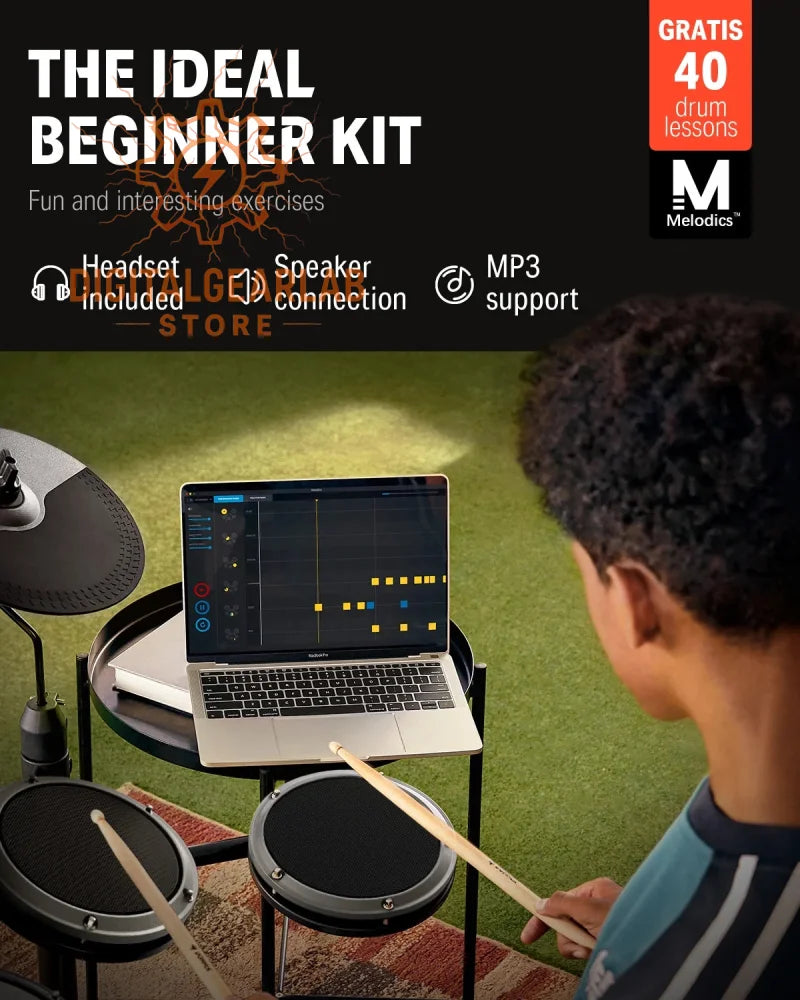 Electronic drum set with headphones and laptop for practice, black drums, silver hardware, digital display on screen.