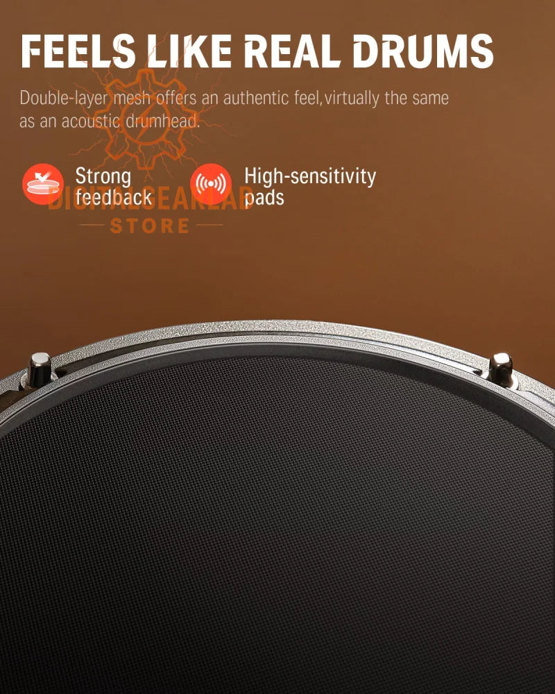 Black mesh drum head with double-layer design and high-sensitivity pads for realistic feel.