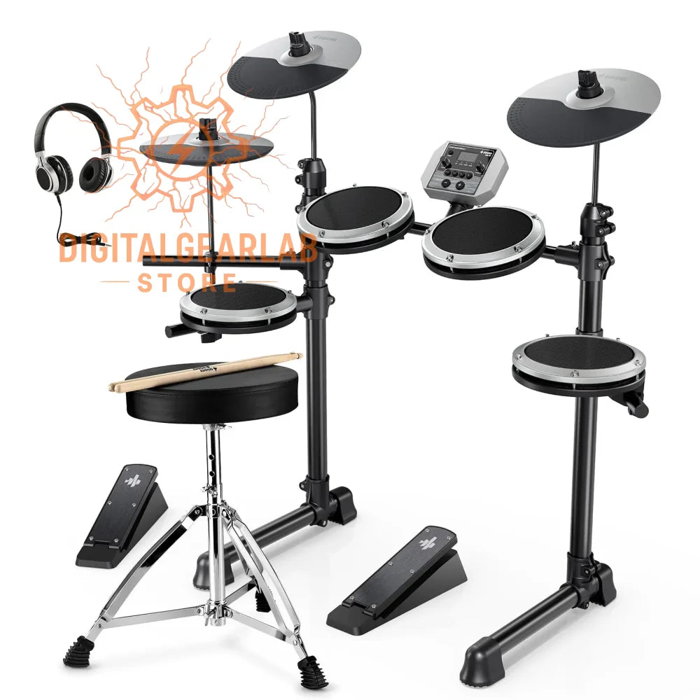 Electronic drum set with black and silver components, including pads, cymbals, stool, and pedals.