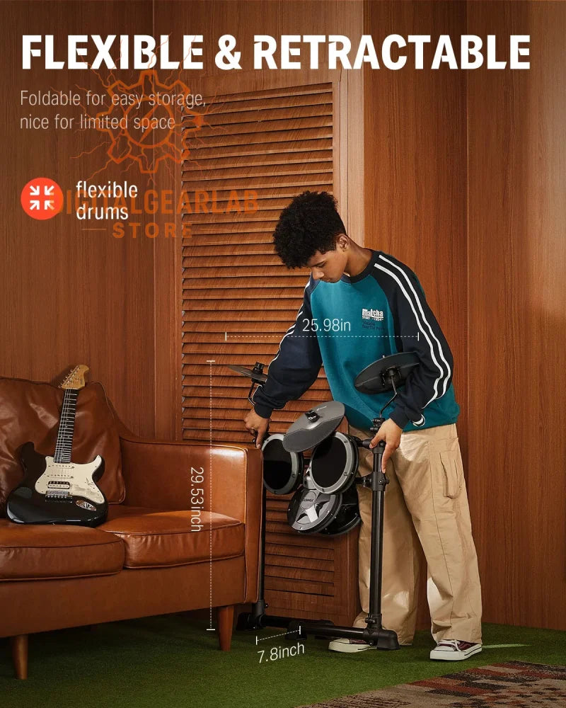 Flexible drum set with retractable design, black and silver accents, durable plastic material.