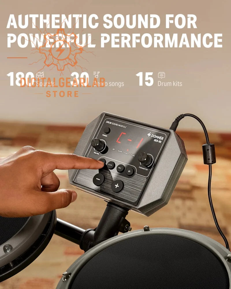 Electronic drum pad with black and silver buttons, digital display screen, and adjustable knobs for sound customization.