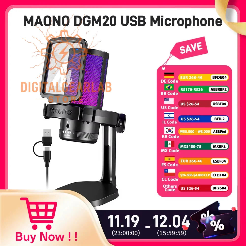 Black maono dgm20 usb microphone with a purple mesh grille and a sleek, modern design.