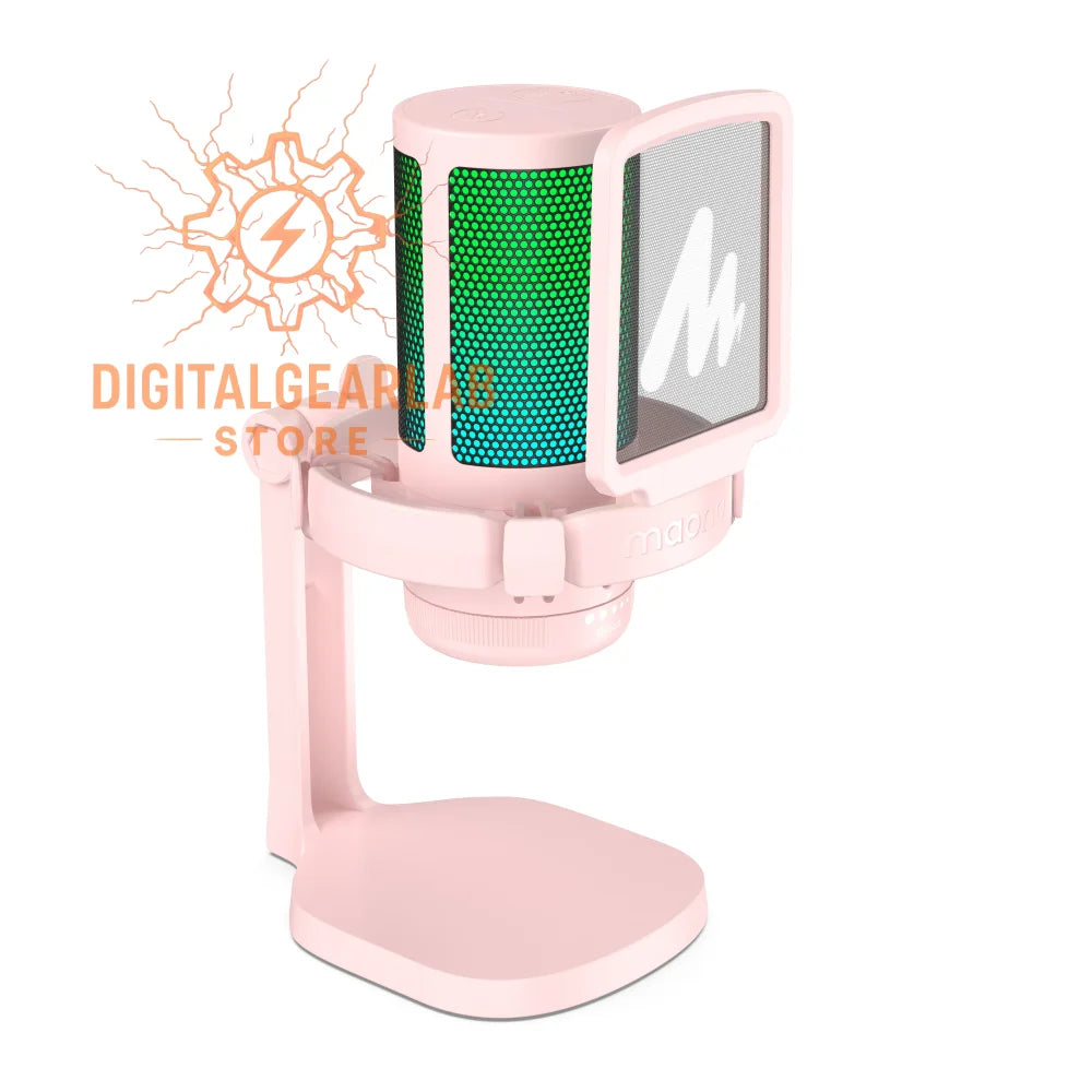 Pink microphone with a green mesh grille and a white logo on the pop filter.