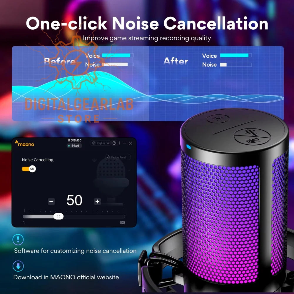 Black cylindrical microphone with a purple mesh grille and glowing led lights.