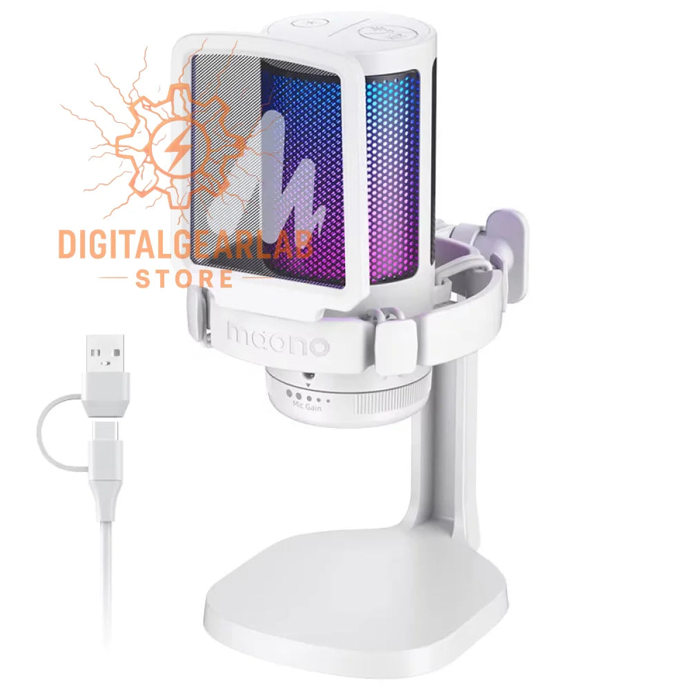 White moondrop usb microphone with a colorful, illuminated mesh grille and adjustable stand.