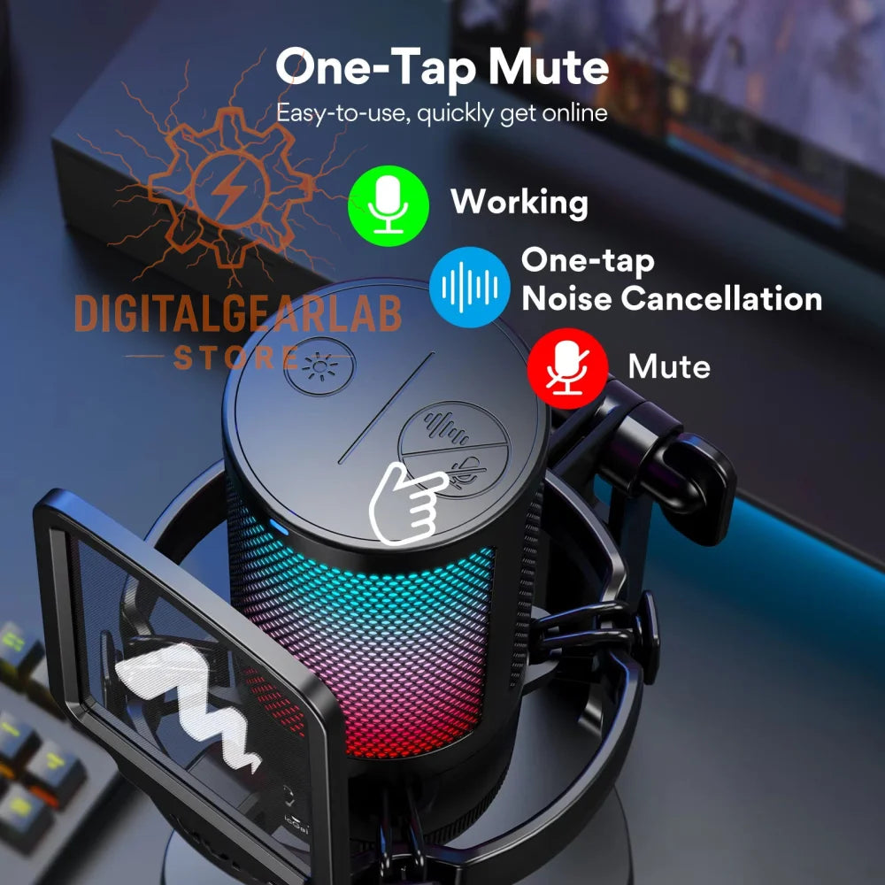 Black condenser microphone with a mesh grille and rgb lighting, mounted on a shock mount.