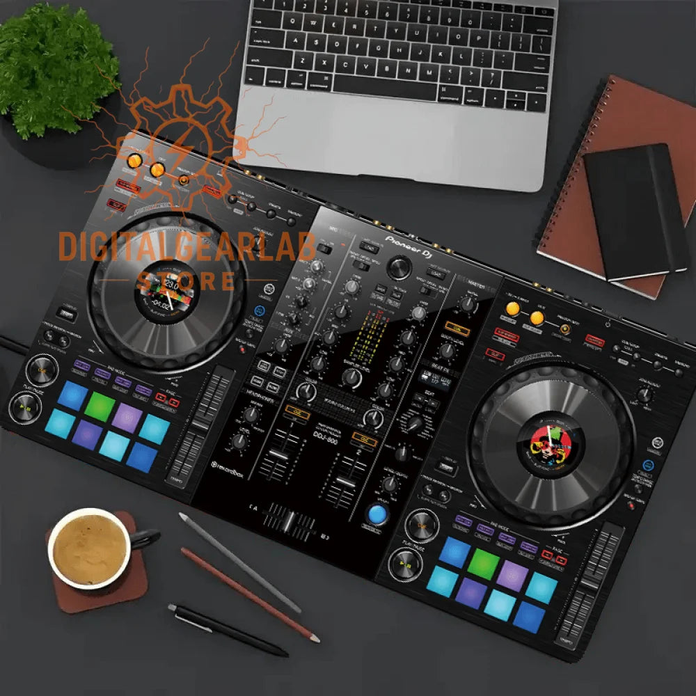 Dj controller with dual turntables, colorful pads and knobs, black body, silver accents.