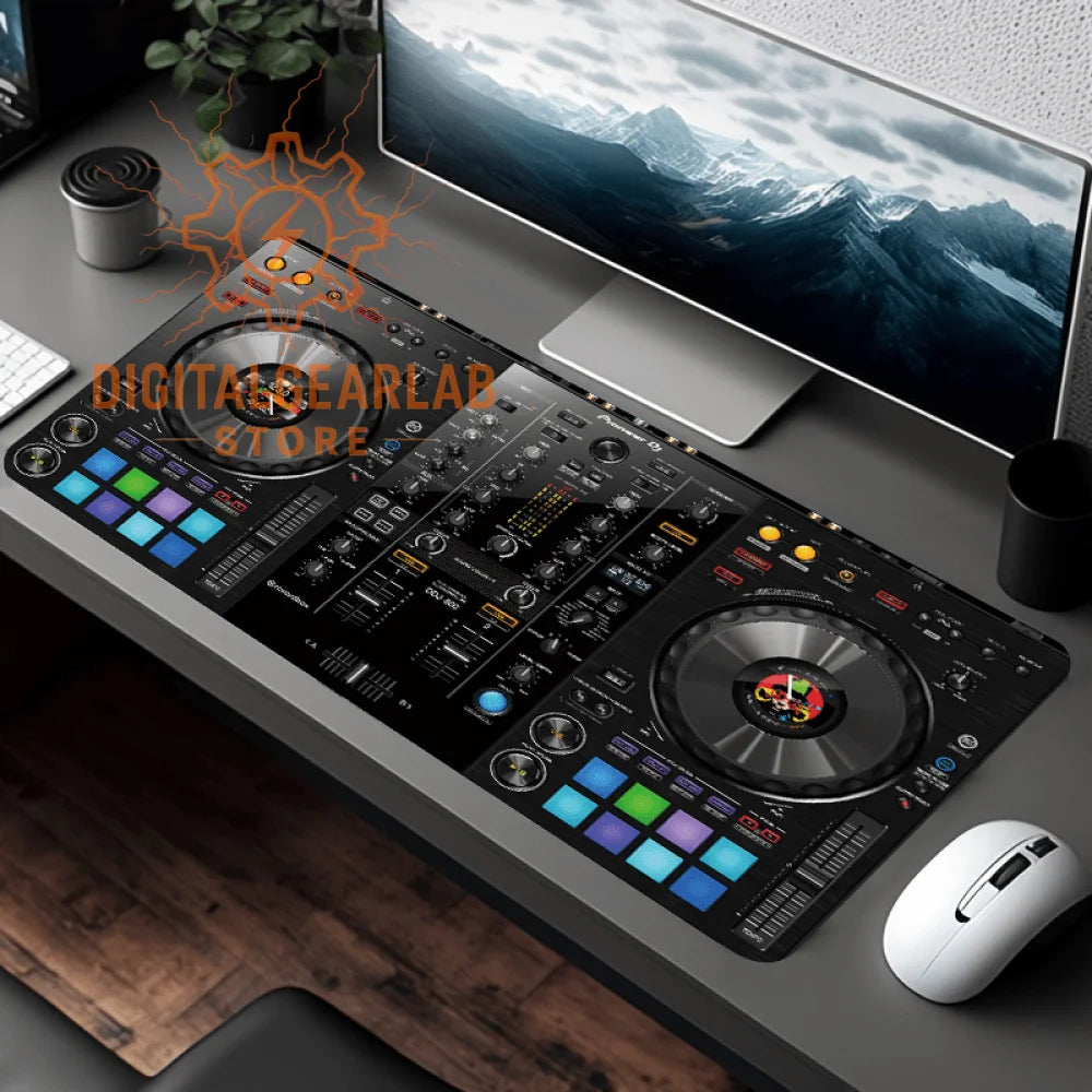 Dj controller with black and silver knobs, buttons, and displays.