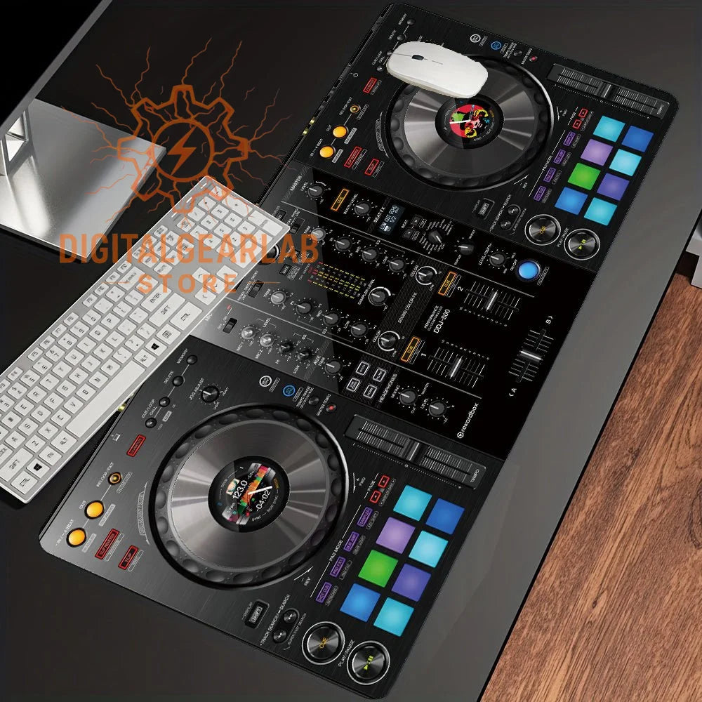 Dj controller with black and silver accents, featuring multiple knobs, buttons, and a turntable design.