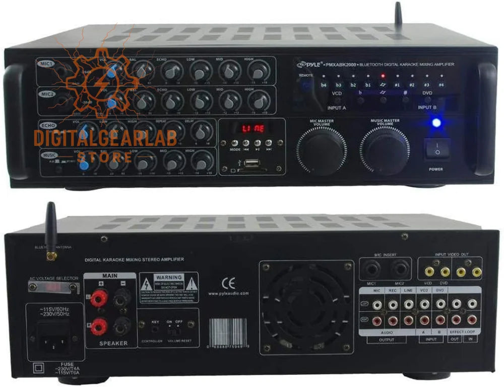 Black pyle pa804bk2000 bluetooth digital karaoke mixing amplifier with multiple input/output ports and control knobs.