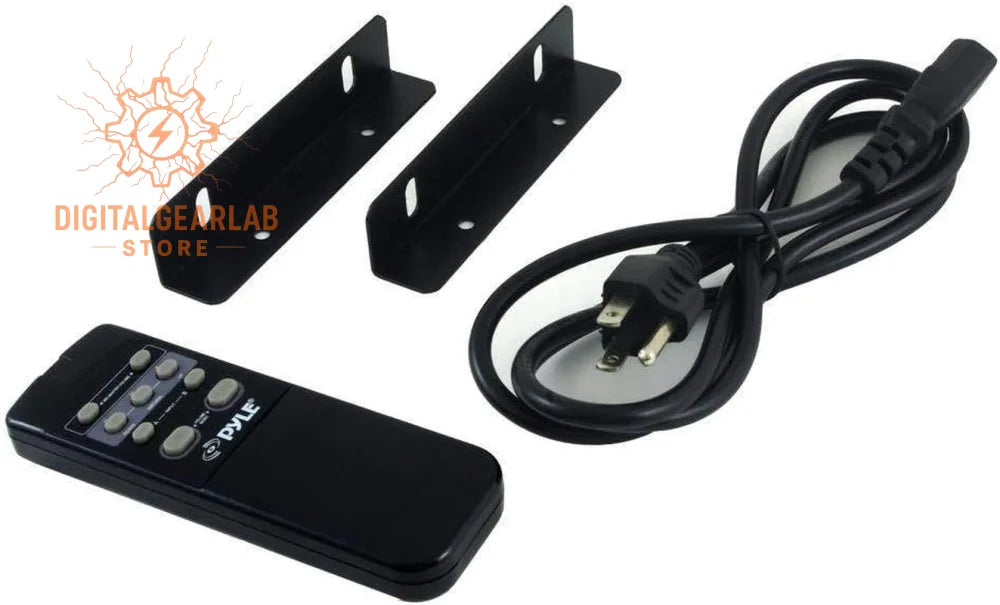 Black pyle remote control with gray buttons and a coiled black power cord