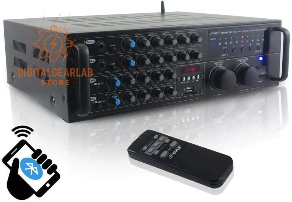 Black pyle bluetooth audio amplifier with multiple input channels and knobs, accompanied by a matching remote control.