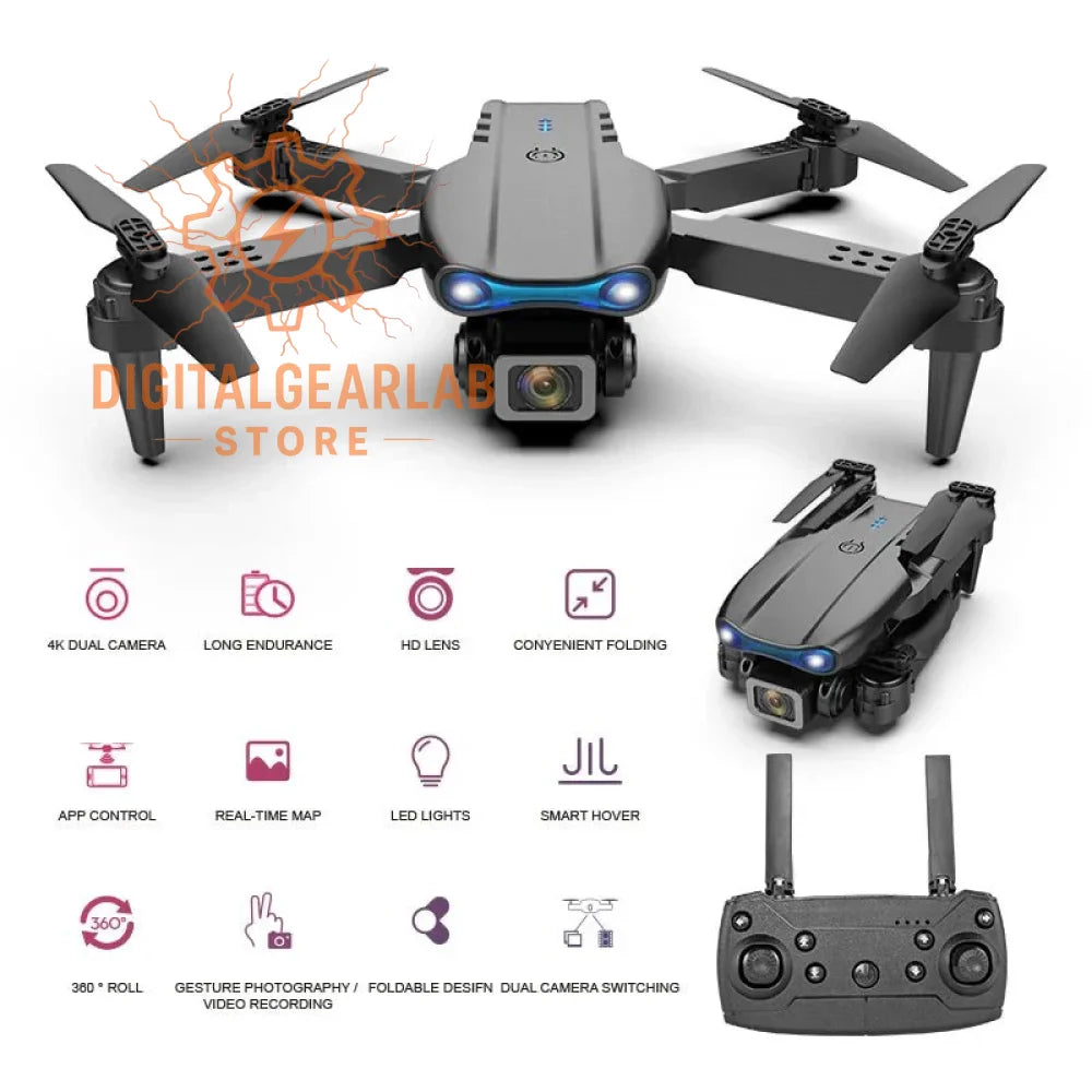 4k dual-camera drone with foldable design and led lights, black body.